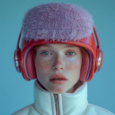 Serene Portrait with Fluffy Hat and Red Headphones Serene Portrait with Fluffy Hat and Red Headphones